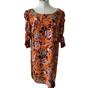 Laundry by Shelli Segal Gathered Sleeve Floral Mini Dress Pumpkin Teal Size 16